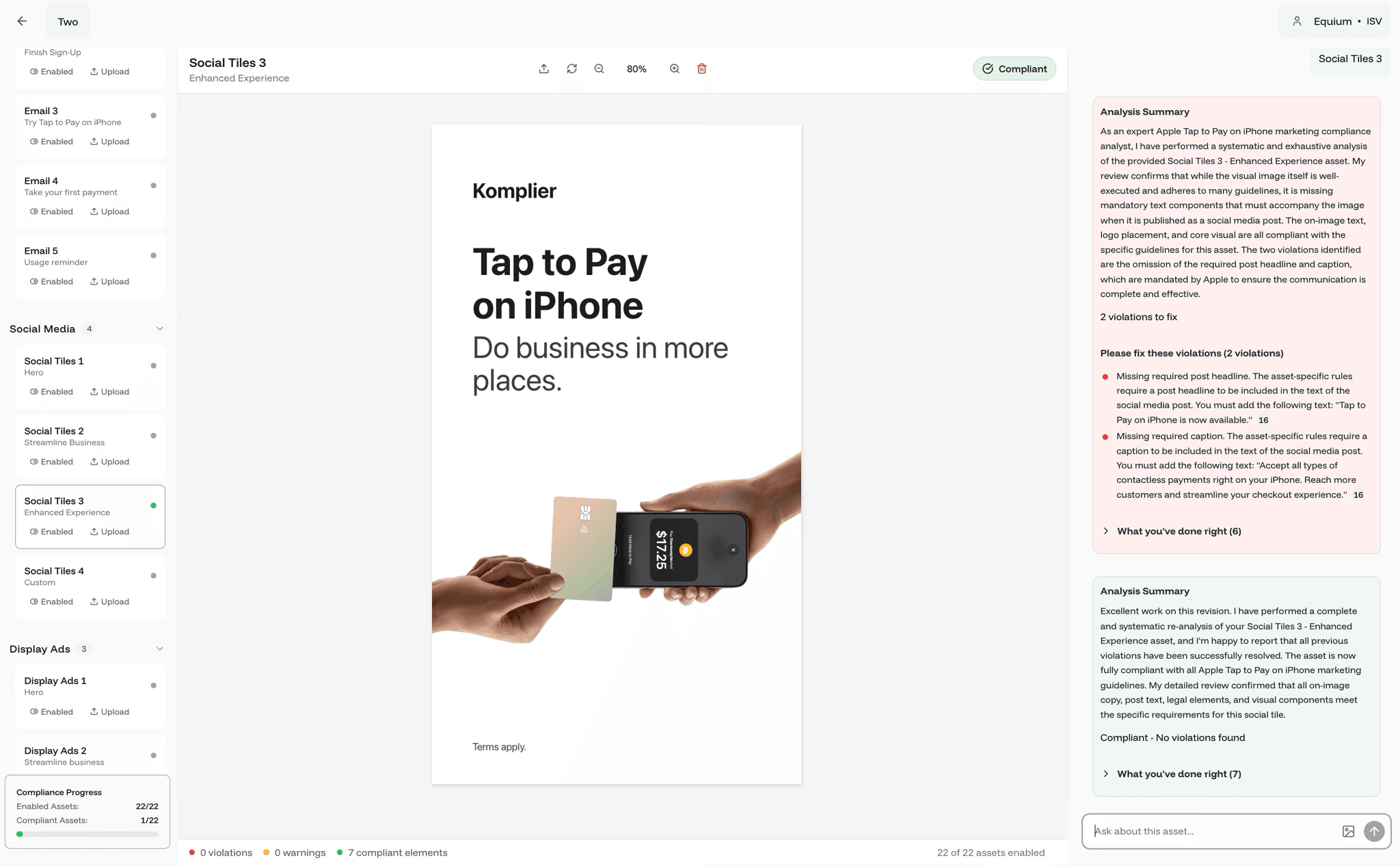 Komplier compliance interface showing violation detection