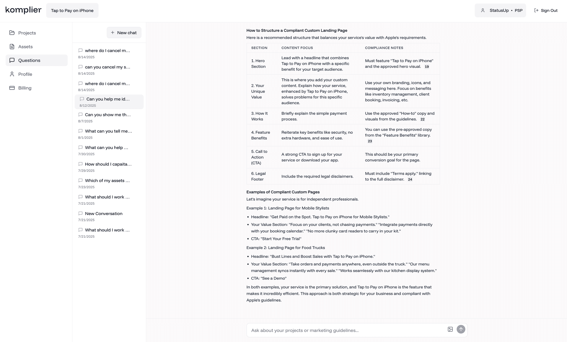 Marketing Guidance interface