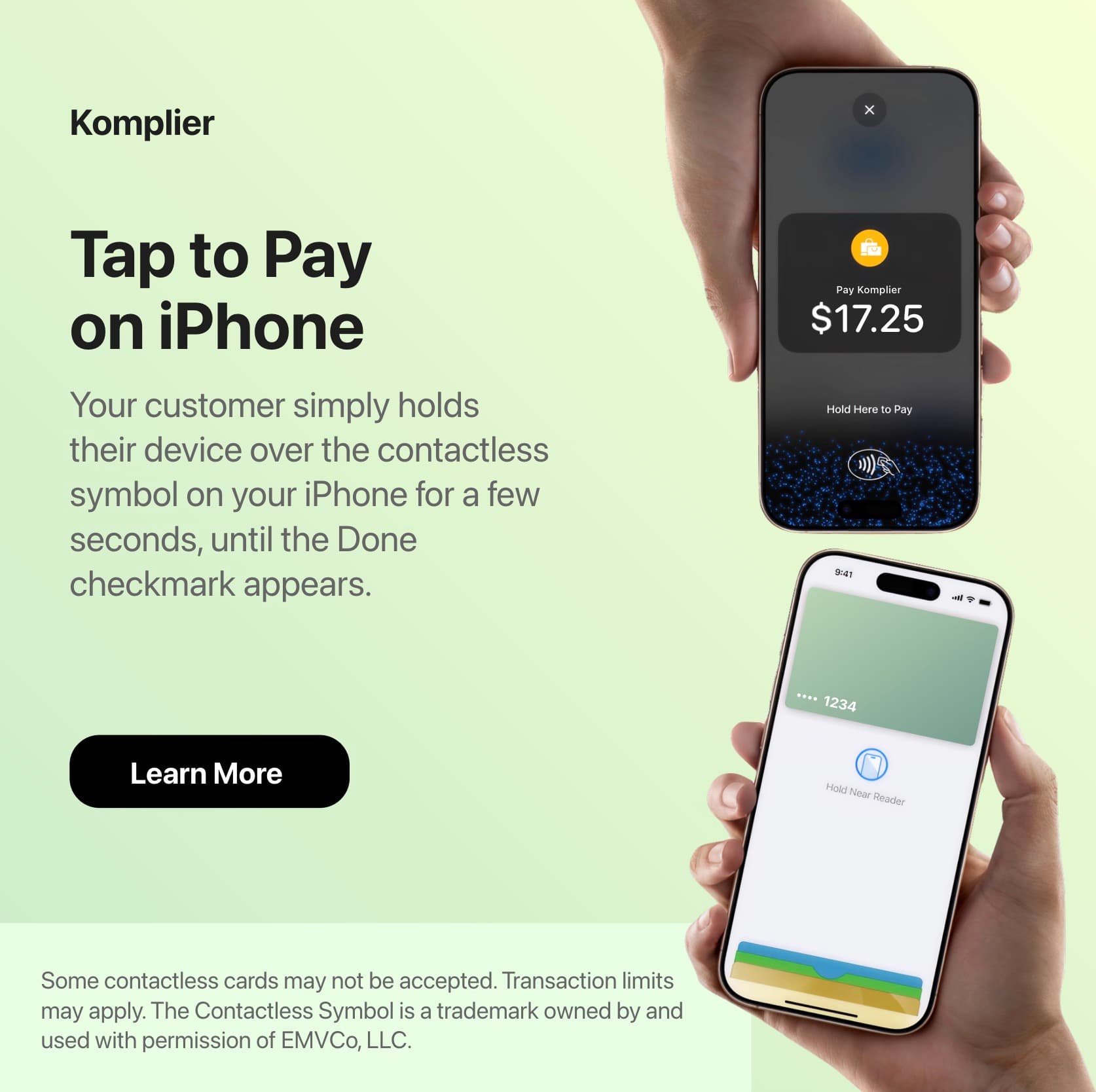 Website product page: Tap to Pay on iPhone, brand matched green